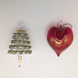 Egyptian Blown Glass Ornament Set Gold Trim Christmas Tree & Cranberry Red Heart